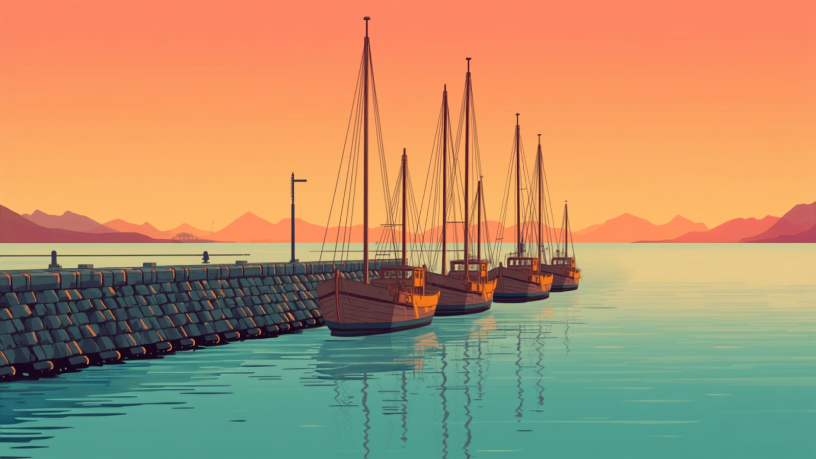 夕暮れの漁港に並ぶ漁船のイラスト